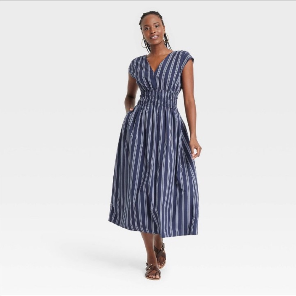 Women's Midi A-Line Dress - Universal Thread Navy Blue Striped M